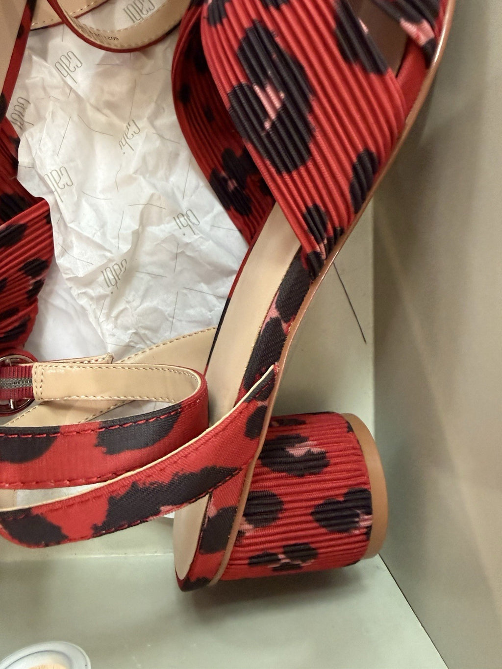 NWB Cabi Red Leopard Print Siren Block Heel Ankle Strap Heel Sandals Size 9