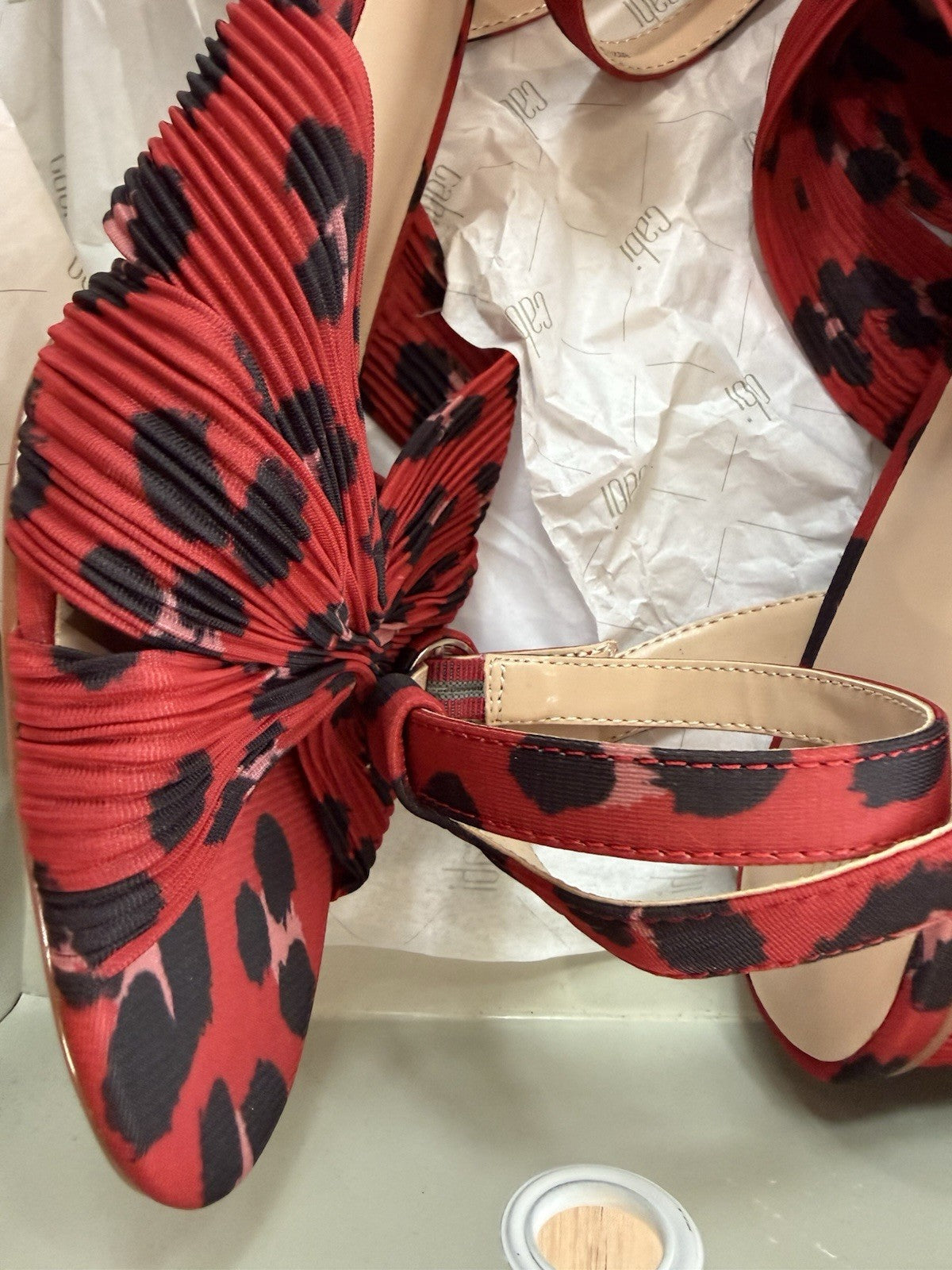 NWB Cabi Red Leopard Print Siren Block Heel Ankle Strap Heel Sandals Size 9
