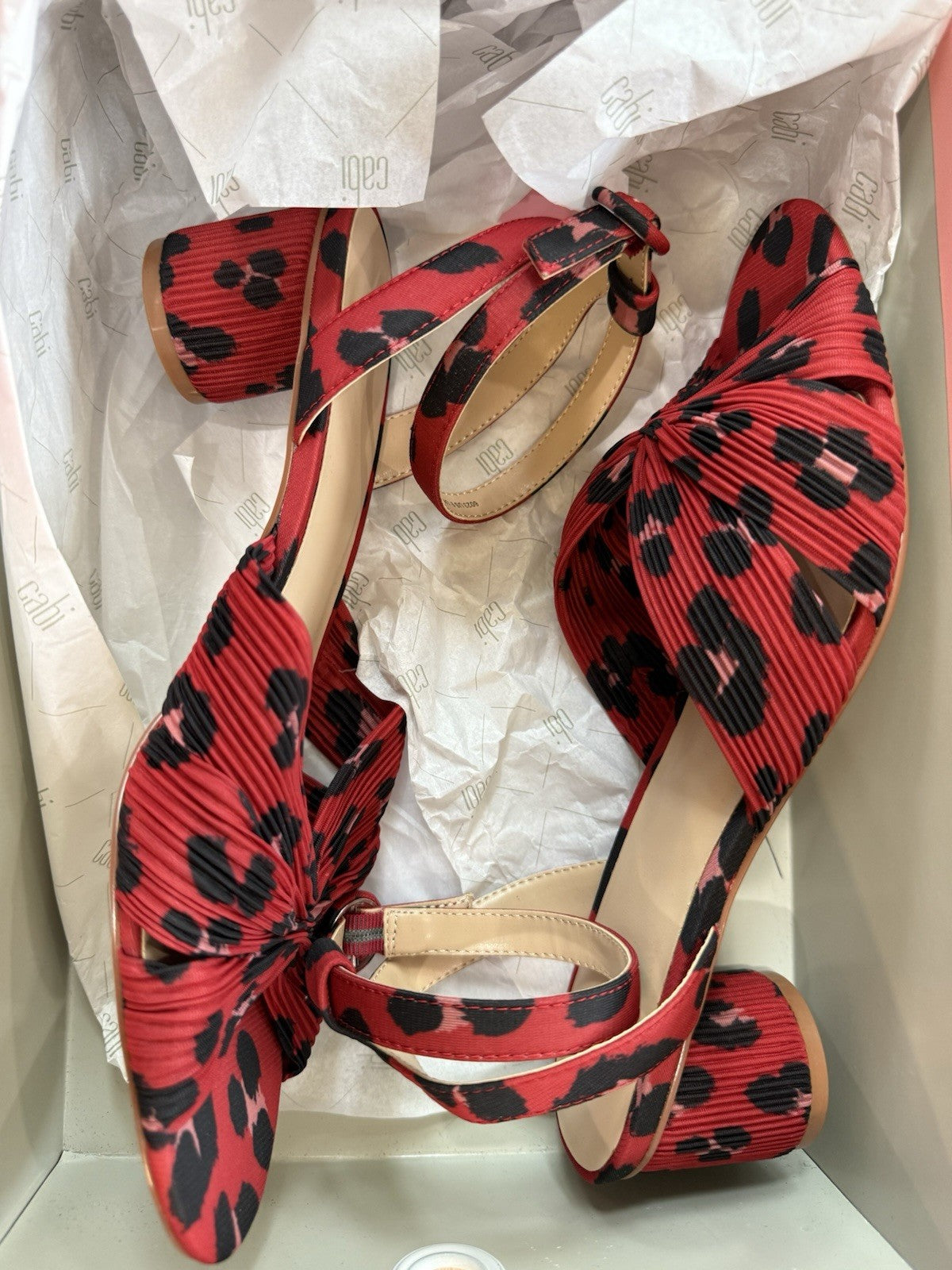 NWB Cabi Red Leopard Print Siren Block Heel Ankle Strap Heel Sandals Size 9
